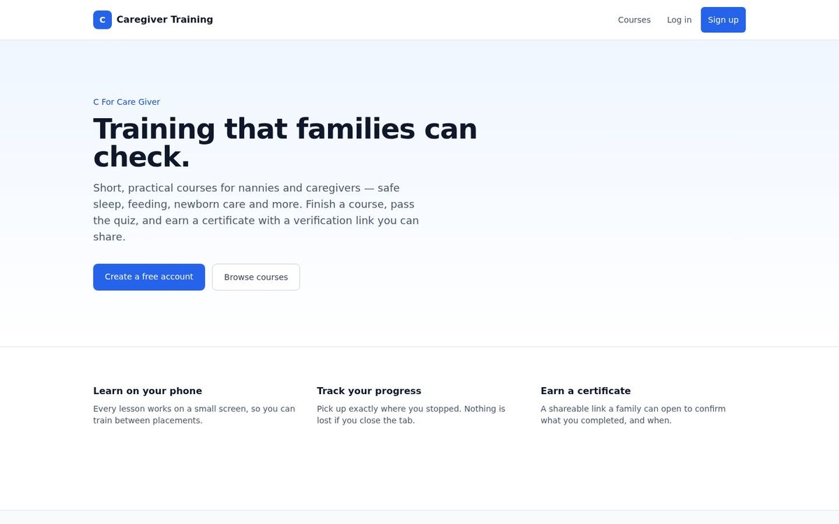 Caregiver Training Portal website screenshot