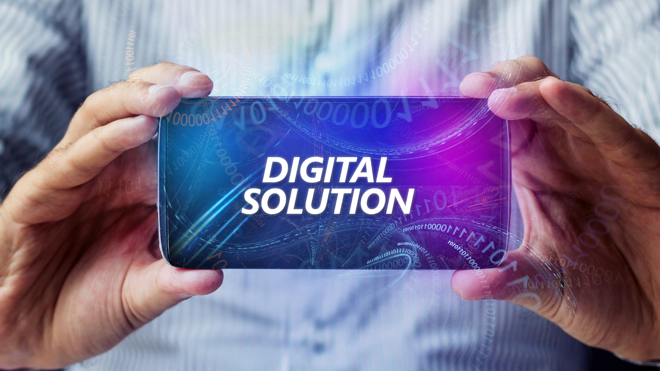 Hands holding a smartphone displaying the words "Digital Solution" with a futuristic digital background.
