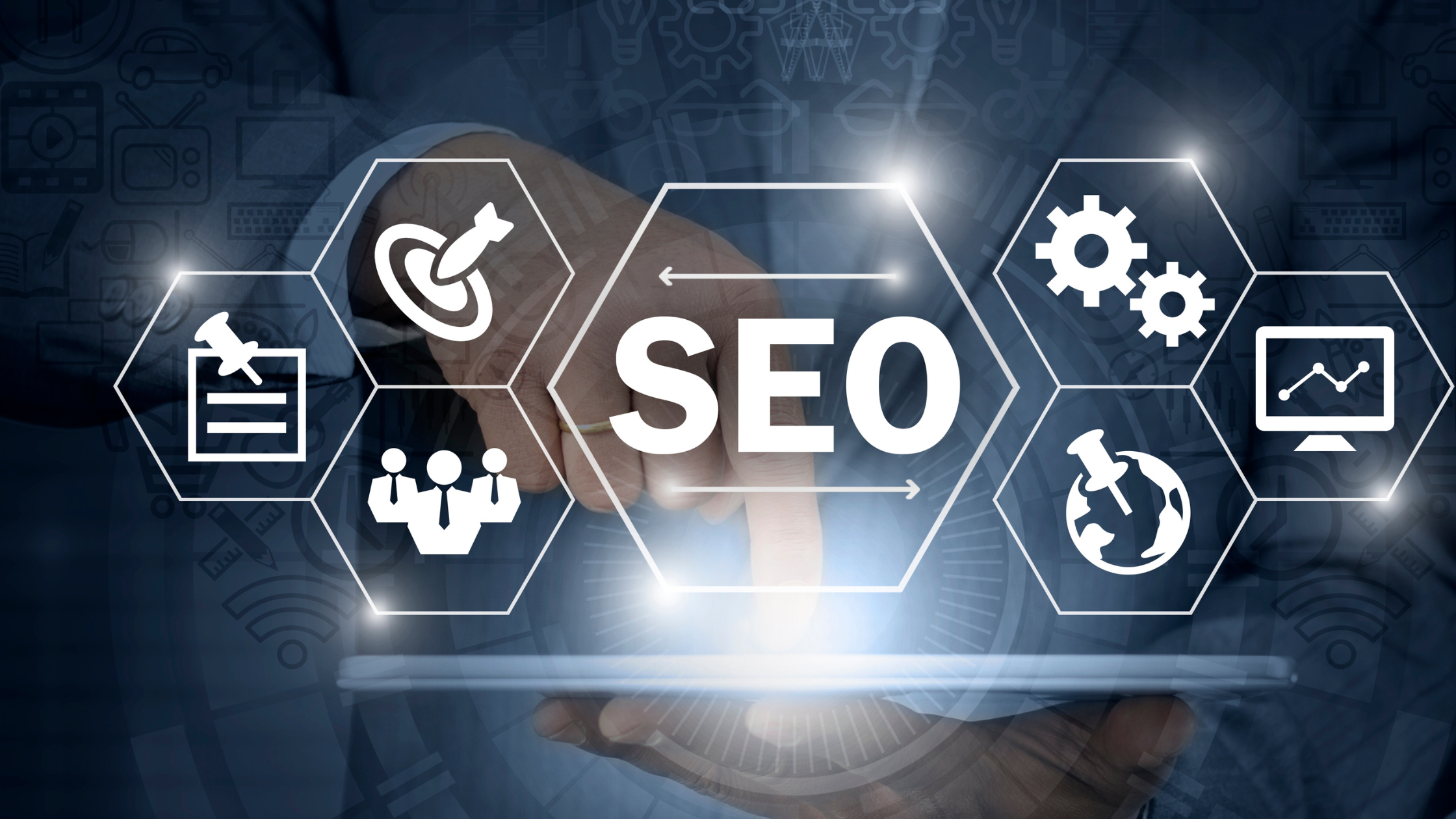 Business professional using digital interface showing SEO icons and optimization tools.