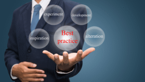 Businessman presenting floating bubbles labeled best practice, development, and inspiration.