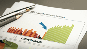 Close-up of a KPI report with a bar graph showing increasing conversions, a blue arrow highlighting growth, and stationery items like a pencil and pen.